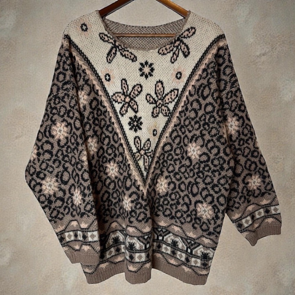Wool Mohair Oversized Floral and Leopard Sweater Made in Italy Groovy Boho sz XL